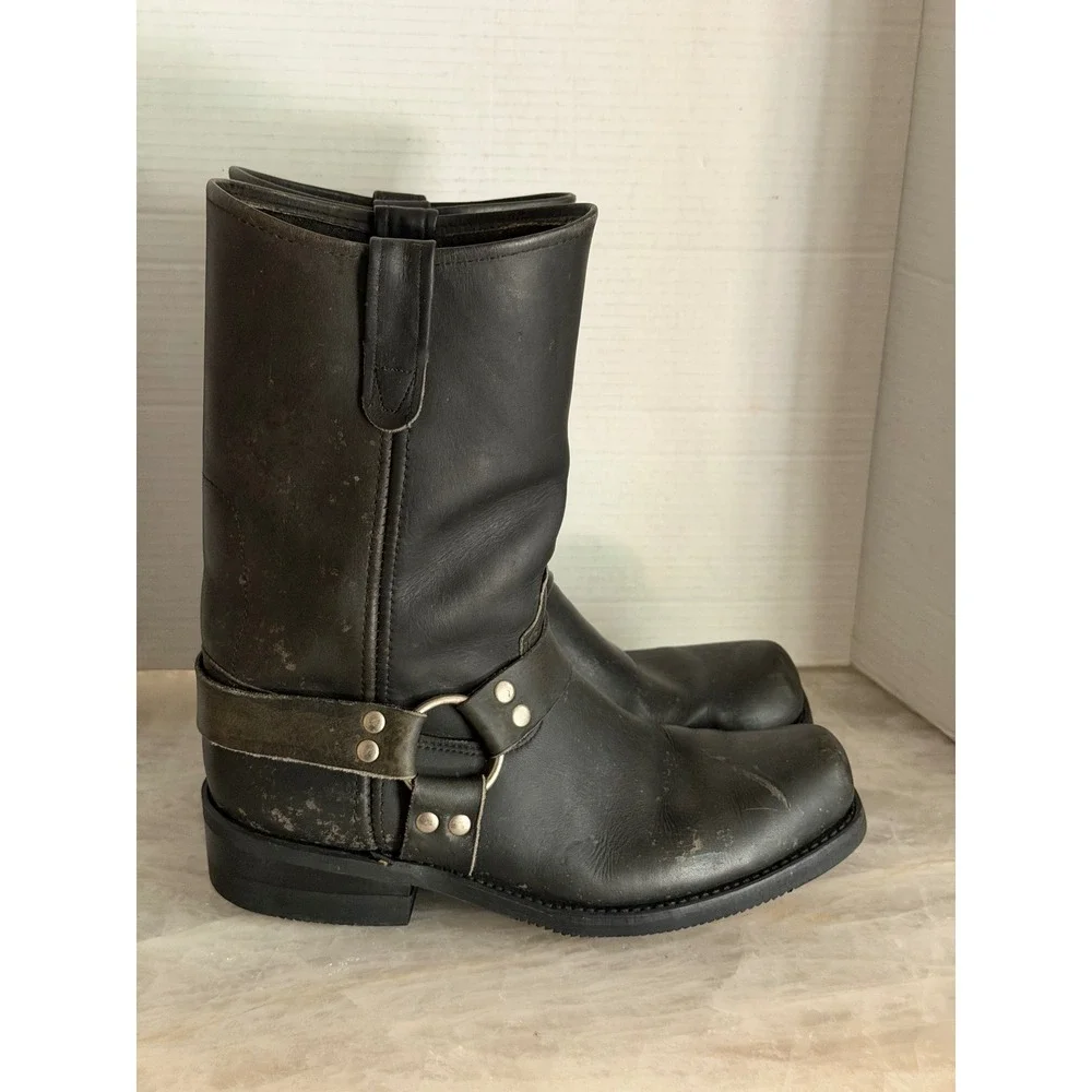 Double H Biker Boots Men Black Leather Square Toe Distressed Motorcycle 10.5
